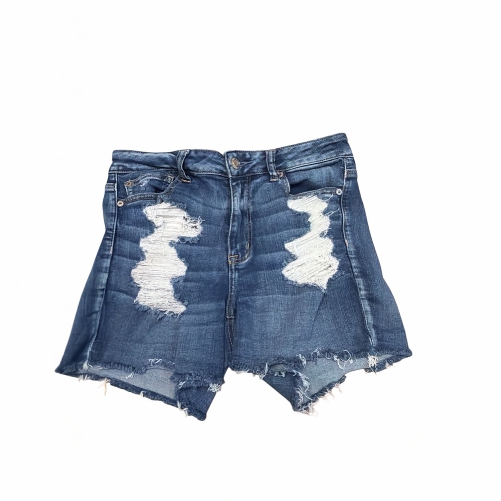 American Eagle Hi Rise Shortie Distressed Denim Shorts Size 10 Raw Hem